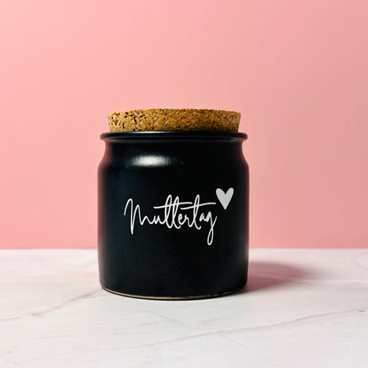 Handgemachte Duftkerze "Muttertag" in schwarzem Tontopf mit KorkdeckelCeris