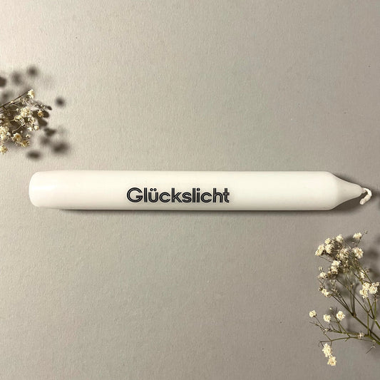 Weiße Spruchkerze "Glückslicht"