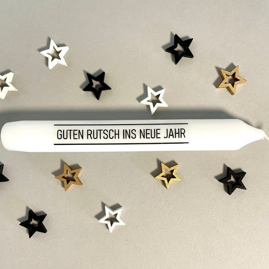 Weiße Spruchkerze "Guten Rutsch ins neue Jahr"
